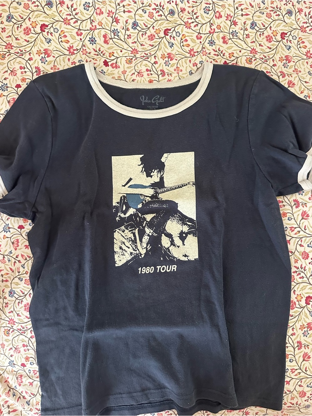 Brandy Melville Black Ringer Tee with Cream Graphic